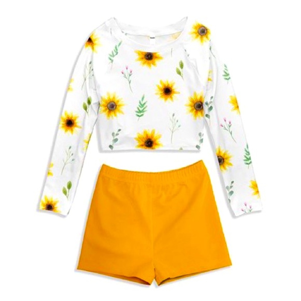 NWOT Pixie Girl 2-Piece Long Sleeve & Shorts Sunflower Rashguard Swimsuit 14/16